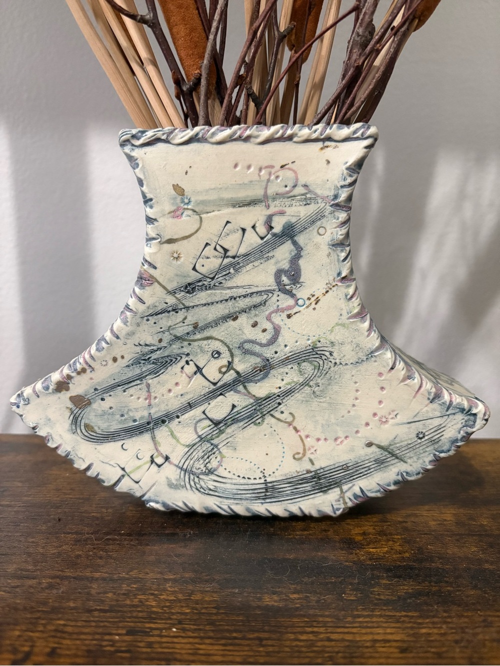 90’s Abstract Ceramic Vase in Cream and Blue
